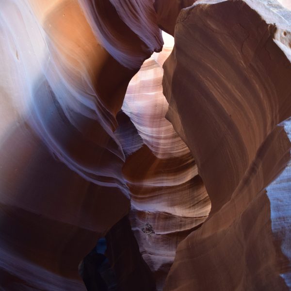 Swirling sandstone formations with light highlights in a canyon.
